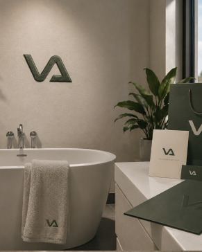 VAVABUY-branded guest bathroom — wall mark, branded shopper and amenities